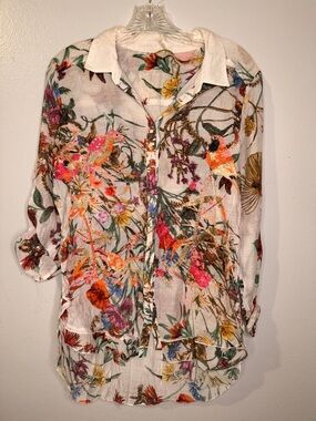 Aratta White Button-Down Shirt with Multicolor Floral & Bird Embroidery